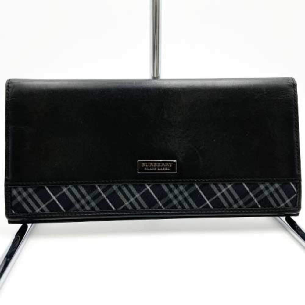 Burberry Long Black Wallet Label Pattern Plaid Leather Black